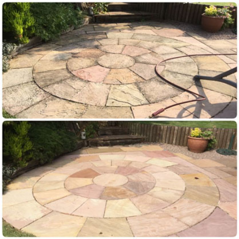 garden paving area cleaned before and after