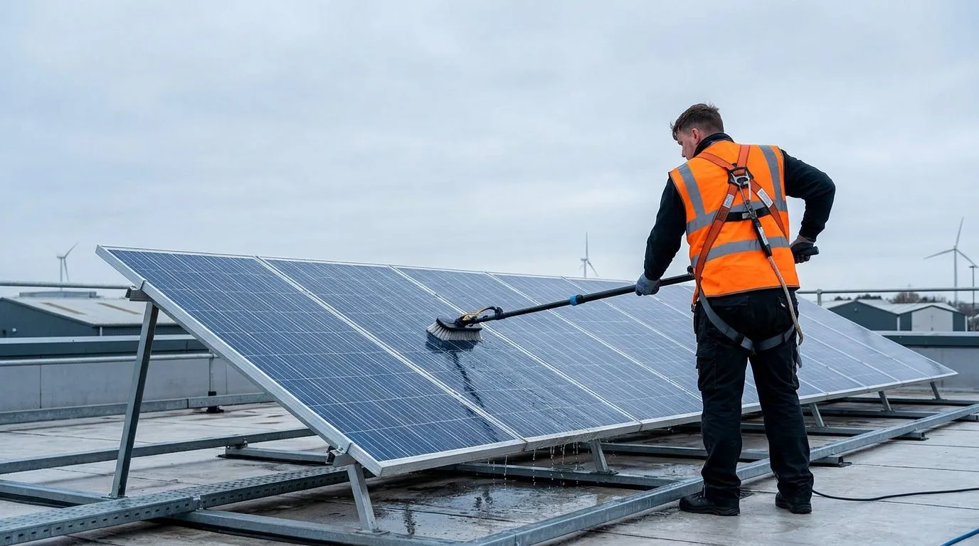 Commercial solar panel cleaning service operative using a water-fed brush pole to clean rooftop solar panels on an industrial building