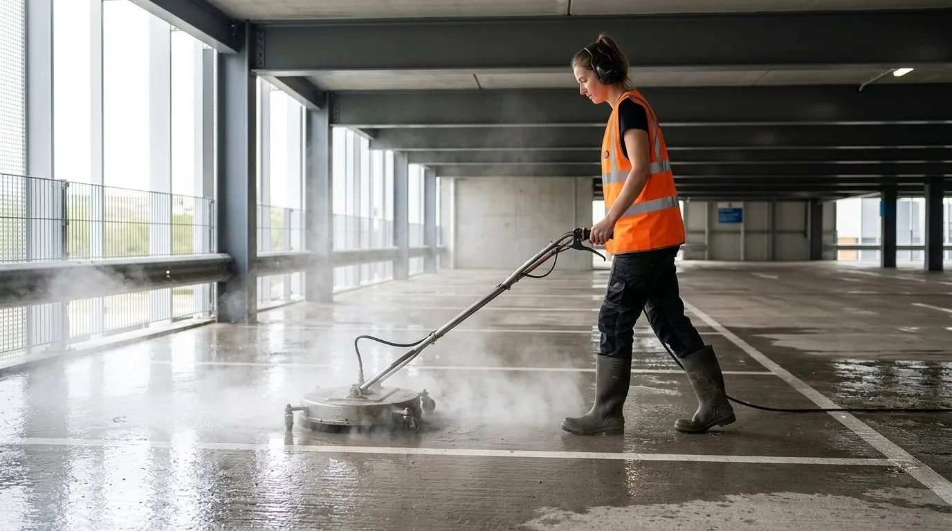 Professional car park pressure washing service removing dirt and grime from concrete floor in open-sided multi-storey car park
